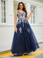 Robe Appliquée en Tulle Dentelle à Col en V Plongeant Bleu Marine