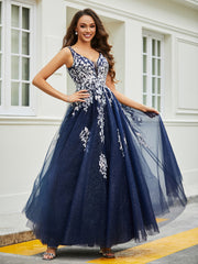 Robe Appliquée en Tulle Dentelle à Col en V Plongeant Bleu Marine