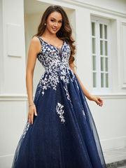 Robe Appliquée en Tulle Dentelle à Col en V Plongeant Bleu Marine