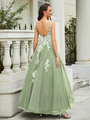 Robe Appliquée en Tulle Dentelle à Col en V Plongeant Sauge Poudrée