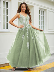 Robe Appliquée en Tulle Dentelle à Col en V Plongeant Sauge Poudrée Grande Taille