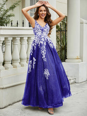 Robe Appliquée en Tulle Dentelle à Col en V Plongeant Bleu Royale