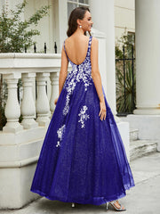 Robe Appliquée en Tulle Dentelle à Col en V Plongeant Bleu Royale Grande Taille