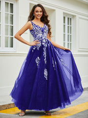 Robe Appliquée en Tulle Dentelle à Col en V Plongeant Bleu Royale Grande Taille