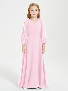 Robes de Demoiselle d'Honneur Junior à Manches Longues Modestes Rose Bonbon