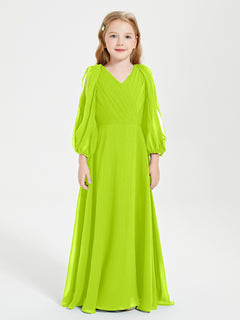 Robes de Demoiselle d'Honneur Junior à Manches Longues Modestes Vert Citron