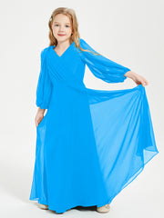 Robes de Demoiselle d'Honneur Junior à Manches Longues Modestes Bleu Océan