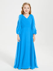 Robes de Demoiselle d'Honneur Junior à Manches Longues Modestes Bleu Océan