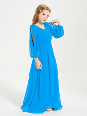Robes de Demoiselle d'Honneur Junior à Manches Longues Modestes Bleu Océan