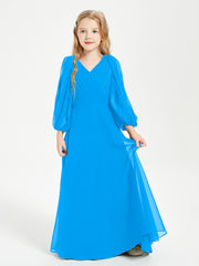 Robes de Demoiselle d'Honneur Junior à Manches Longues Modestes Bleu Océan