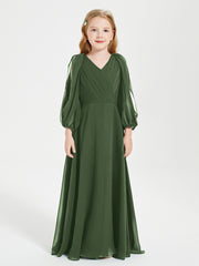 Robes de Demoiselle d'Honneur Junior à Manches Longues Modestes Olive Verte