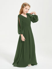 Robes de Demoiselle d'Honneur Junior à Manches Longues Modestes Olive Verte