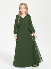 Robes de Demoiselle d'Honneur Junior à Manches Longues Modestes Olive Verte