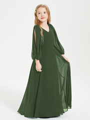 Robes de Demoiselle d'Honneur Junior à Manches Longues Modestes Olive Verte