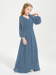 Robes de Demoiselle d'Honneur Junior à Manches Longues Modestes Bleu de Schiste
