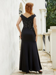 Robe de A-ligne en Mousseline à Perles et Col en V Noir Grande Taille