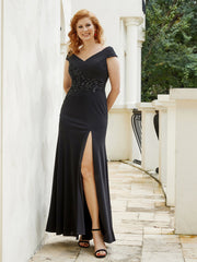 Robe de A-ligne en Mousseline à Perles et Col en V Noir Grande Taille