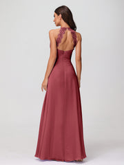 Licou Mousseline Robe Longue avec Bretelle Dentelle Cannelle Rose Grande Taille