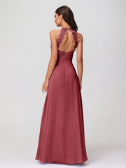 Licou Mousseline Robe Longue avec Bretelle Dentelle Cannelle Rose