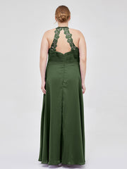 Licou Mousseline Robe Longue avec Bretelle Dentelle Olive Verte Grande Taille