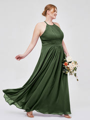 Licou Mousseline Robe Longue avec Bretelle Dentelle Olive Verte Grande Taille