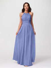 Licou Mousseline Robe Longue avec Bretelle Dentelle Pervenche