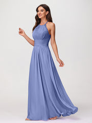 Licou Mousseline Robe Longue avec Bretelle Dentelle Pervenche