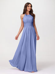 Licou Mousseline Robe Longue avec Bretelle Dentelle Pervenche