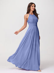 Licou Mousseline Robe Longue avec Bretelle Dentelle Pervenche