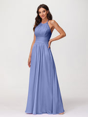 Licou Mousseline Robe Longue avec Bretelle Dentelle Pervenche