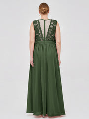 Robes Col d'illusion Mousseline et Dentelle Olive Verte Grande Taille