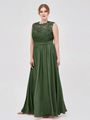Robes Col d'illusion Mousseline et Dentelle Olive Verte Grande Taille
