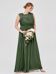Robes Col d'illusion Mousseline et Dentelle Olive Verte Grande Taille