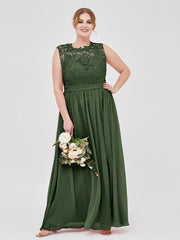 Robes Col d'illusion Mousseline et Dentelle Olive Verte Grande Taille