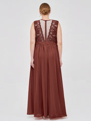 Robes Col d'illusion Mousseline et Dentelle terracotta Grande Taille