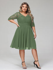 Dentelle et Mousseline Robe Courte avec Demi-Manches Olive Verte Grande Taille
