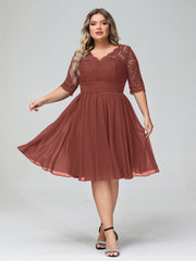 Dentelle et Mousseline Robe Courte avec Demi-Manches terracotta Grande Taille