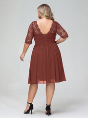 Dentelle et Mousseline Robe Courte avec Demi-Manches terracotta Grande Taille