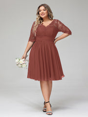 Dentelle et Mousseline Robe Courte avec Demi-Manches terracotta Grande Taille