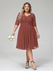 Dentelle et Mousseline Robe Courte avec Demi-Manches terracotta Grande Taille