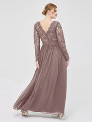 Col en V Dentelle et Mousseline Robe avec Manches Longues Dusk