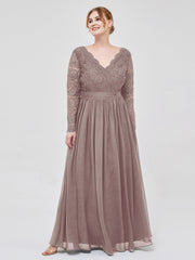 Col en V Dentelle et Mousseline Robe avec Manches Longues Dusk