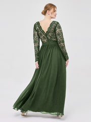 Col en V Dentelle et Mousseline Robe avec Manches Longues Olive Verte