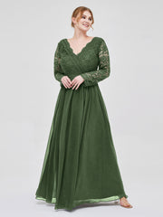 Col en V Dentelle et Mousseline Robe avec Manches Longues Olive Verte Grande Taille