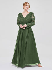 Col en V Dentelle et Mousseline Robe avec Manches Longues Olive Verte
