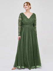 Col en V Dentelle et Mousseline Robe avec Manches Longues Olive Verte