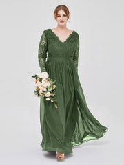 Col en V Dentelle et Mousseline Robe avec Manches Longues Olive Verte Grande Taille