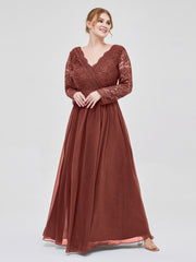 Col en V Dentelle et Mousseline Robe avec Manches Longues terracotta Grande Taille