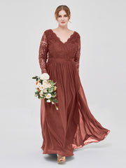 Col en V Dentelle et Mousseline Robe avec Manches Longues terracotta Grande Taille