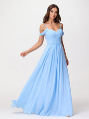 Hors De l'Épaule Spaghetti Bretelle Mousseline Robes Bleu